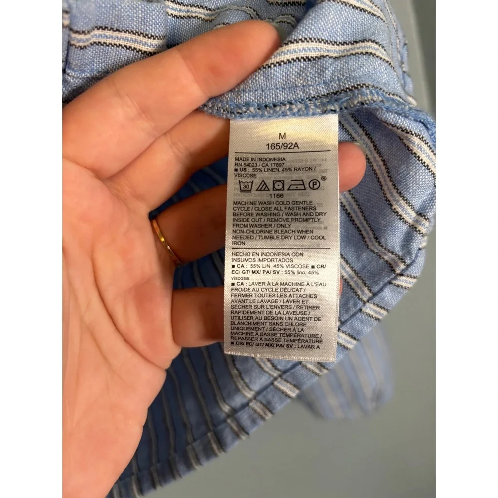 Old Navy Blue White Striped Linen Blend Ruffle Neck Puff Sleeve Top Medium